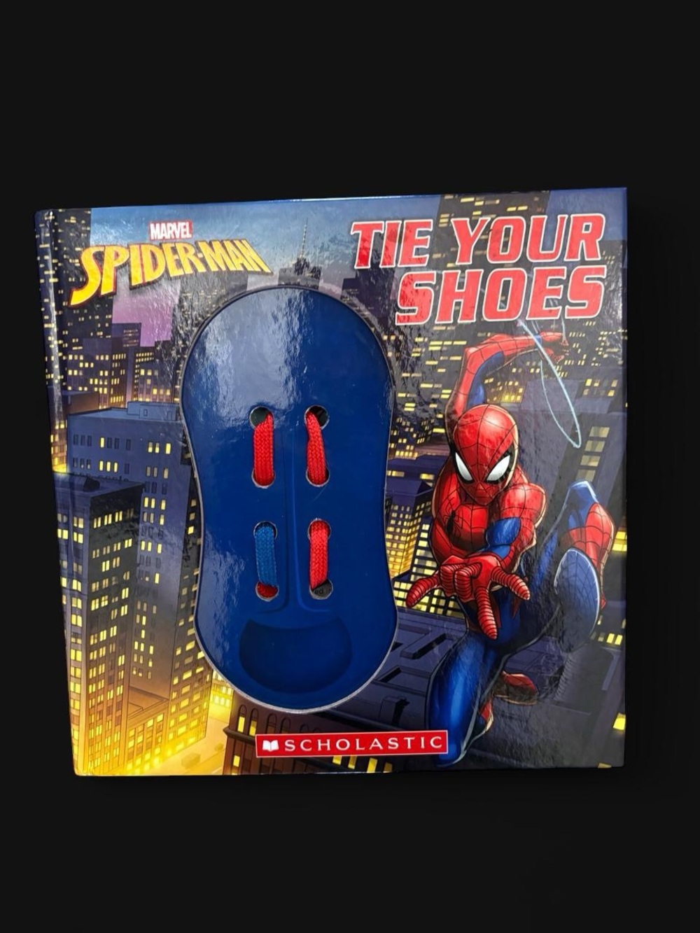 Marvel Spider-Man Tie Your Shoes book with blue shoe-shaped cutout